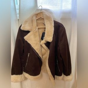 Banana Republic brown and cream faux fur Moto Jacket
